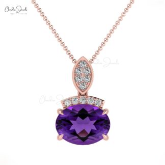 Oval Cut Dainty Pendant With 1.2 Ct Amethyst And Diamond Bar Necklace In 14k Real Gold