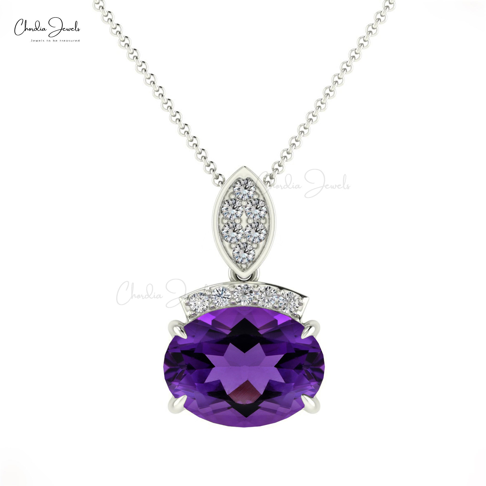 Oval Cut Dainty Pendant With 1.2 Ct Amethyst And Diamond Bar Necklace In 14k Real Gold
