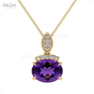Oval Cut Dainty Pendant With 1.2 Ct Amethyst And Diamond Bar Necklace In 14k Real Gold