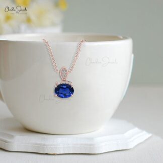 Diamond Bar Unique Pendant With 1.35 Ct Blue Sapphire Minimalist Pendant In 14k Real Gold