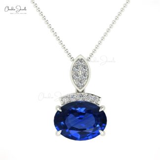 Diamond Bar Unique Pendant With 1.35 Ct Blue Sapphire Minimalist Pendant In 14k Real Gold