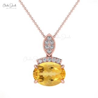 Oval Citrine Gemstone Pendant In Pure 14k Gold Pave Diamond Cluster Pendant For Her