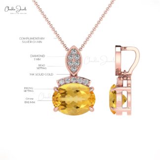 Oval Citrine Gemstone Pendant In Pure 14k Gold Pave Diamond Cluster Pendant For Her