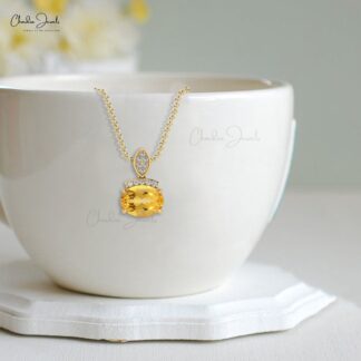 Oval Citrine Gemstone Pendant In Pure 14k Gold Pave Diamond Cluster Pendant For Her