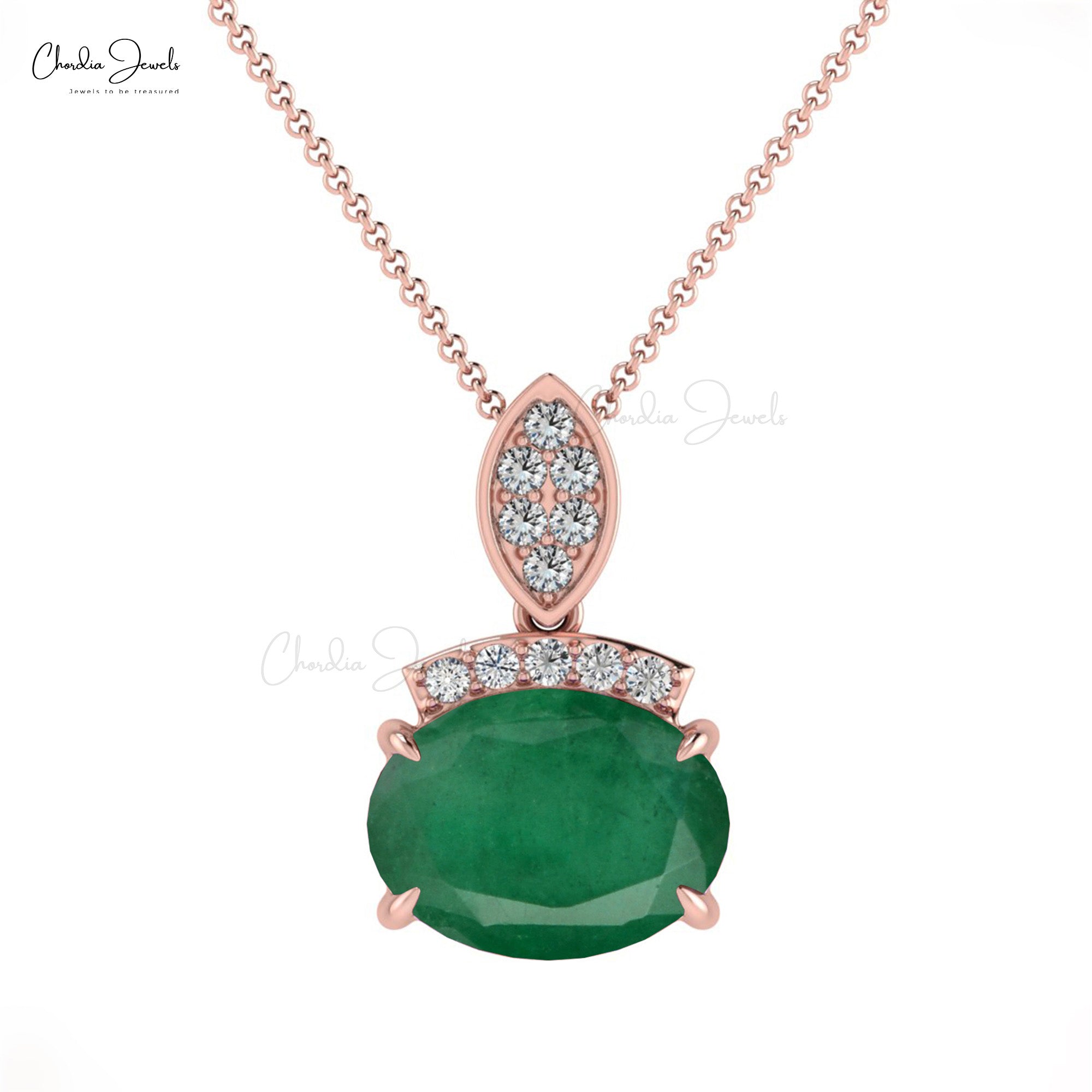 Dainty Pendant With Diamond Accents 14k Solid Gold Emerald Gemstone Handcrafted Pendant