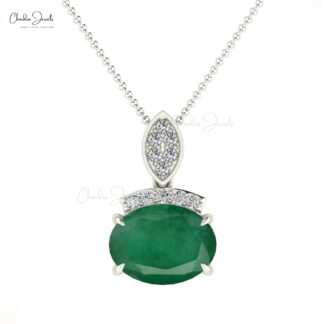 Dainty Pendant With Diamond Accents 14k Solid Gold Emerald Gemstone Handcrafted Pendant