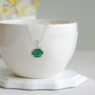 Dainty Pendant With Diamond Accents 14k Solid Gold Emerald Gemstone Handcrafted Pendant