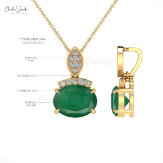Dainty Pendant With Diamond Accents 14k Solid Gold Emerald Gemstone Handcrafted Pendant