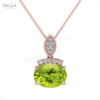 Dual Birthstone Pendant With 8x6mm Peridot And Diamond Accents In 14k Solid Gold Pendants