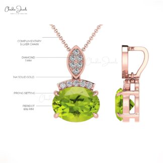 Dual Birthstone Pendant With 8x6mm Peridot And Diamond Accents In 14k Solid Gold Pendants