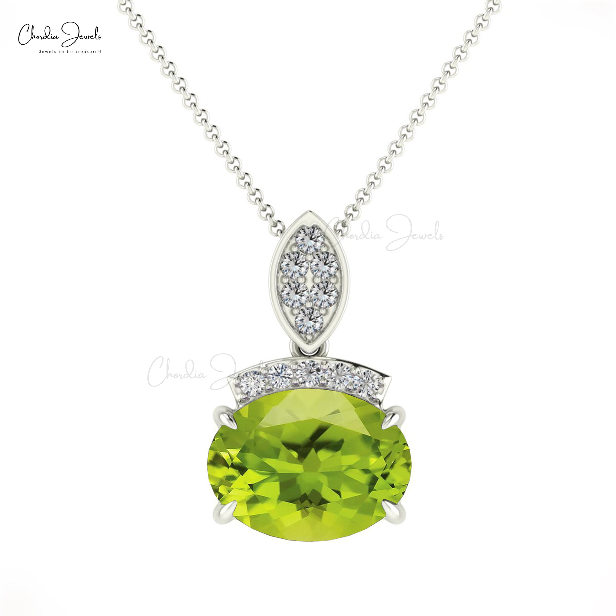 Dual Birthstone Pendant With 8x6mm Peridot And Diamond Accents In 14k Solid Gold Pendants