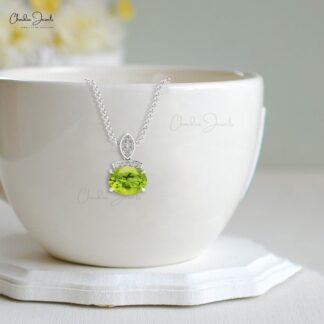Dual Birthstone Pendant With 8x6mm Peridot And Diamond Accents In 14k Solid Gold Pendants
