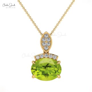 Dual Birthstone Pendant With 8x6mm Peridot And Diamond Accents In 14k Solid Gold Pendants