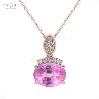 Dangle Oval Cut Pendant With 8x6mm Pink Sapphire And Diamond 14k Pure Gold Pendants