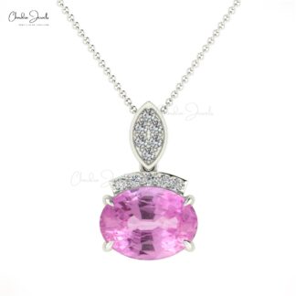 Dangle Oval Cut Pendant With 8x6mm Pink Sapphire And Diamond 14k Pure Gold Pendants