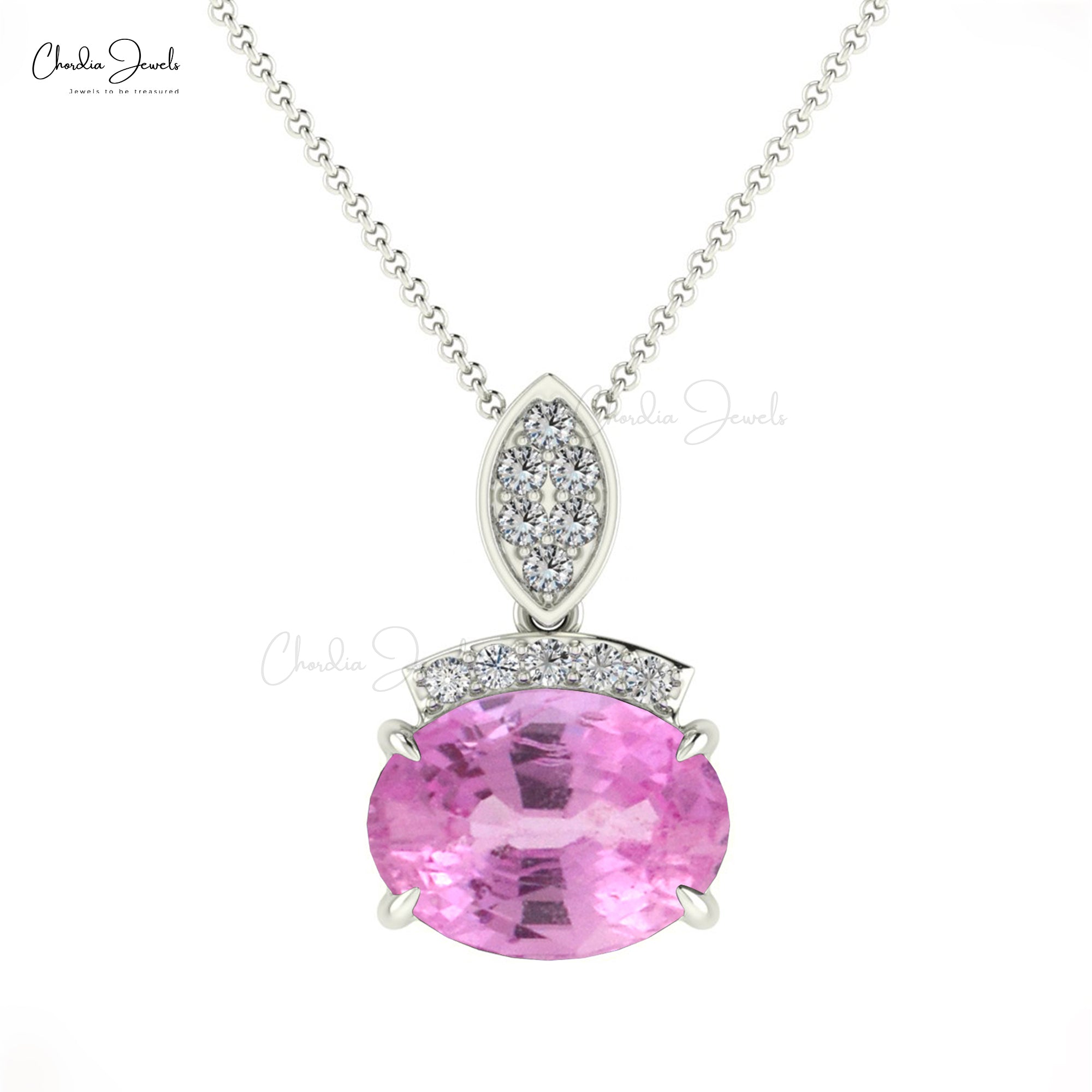 Dangle Oval Cut Pendant With 8x6mm Pink Sapphire And Diamond 14k Pure Gold Pendants