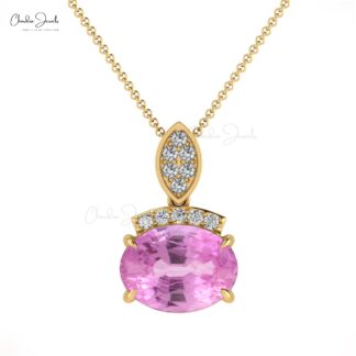 Dangle Oval Cut Pendant With 8x6mm Pink Sapphire And Diamond 14k Pure Gold Pendants