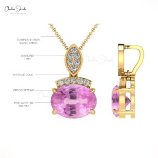 Dangle Oval Cut Pendant With 8x6mm Pink Sapphire And Diamond 14k Pure Gold Pendants