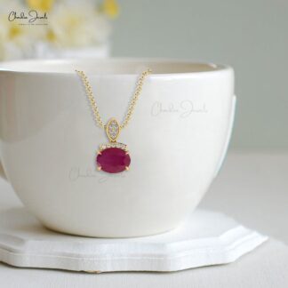 Two Birthstone Pendant With 1.17 Ct Ruby And Dainty Diamond Necklace In 14k Solid Gold