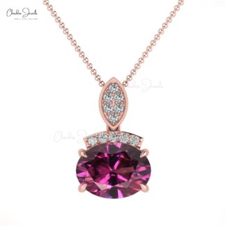 Elegant Oval Cut Rhodolite Garnet & Round Cut Diamond Dainty Pendant