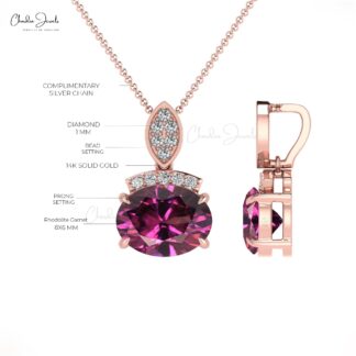 Elegant Oval Cut Rhodolite Garnet & Round Cut Diamond Dainty Pendant