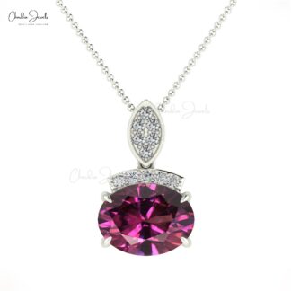 Elegant Oval Cut Rhodolite Garnet & Round Cut Diamond Dainty Pendant