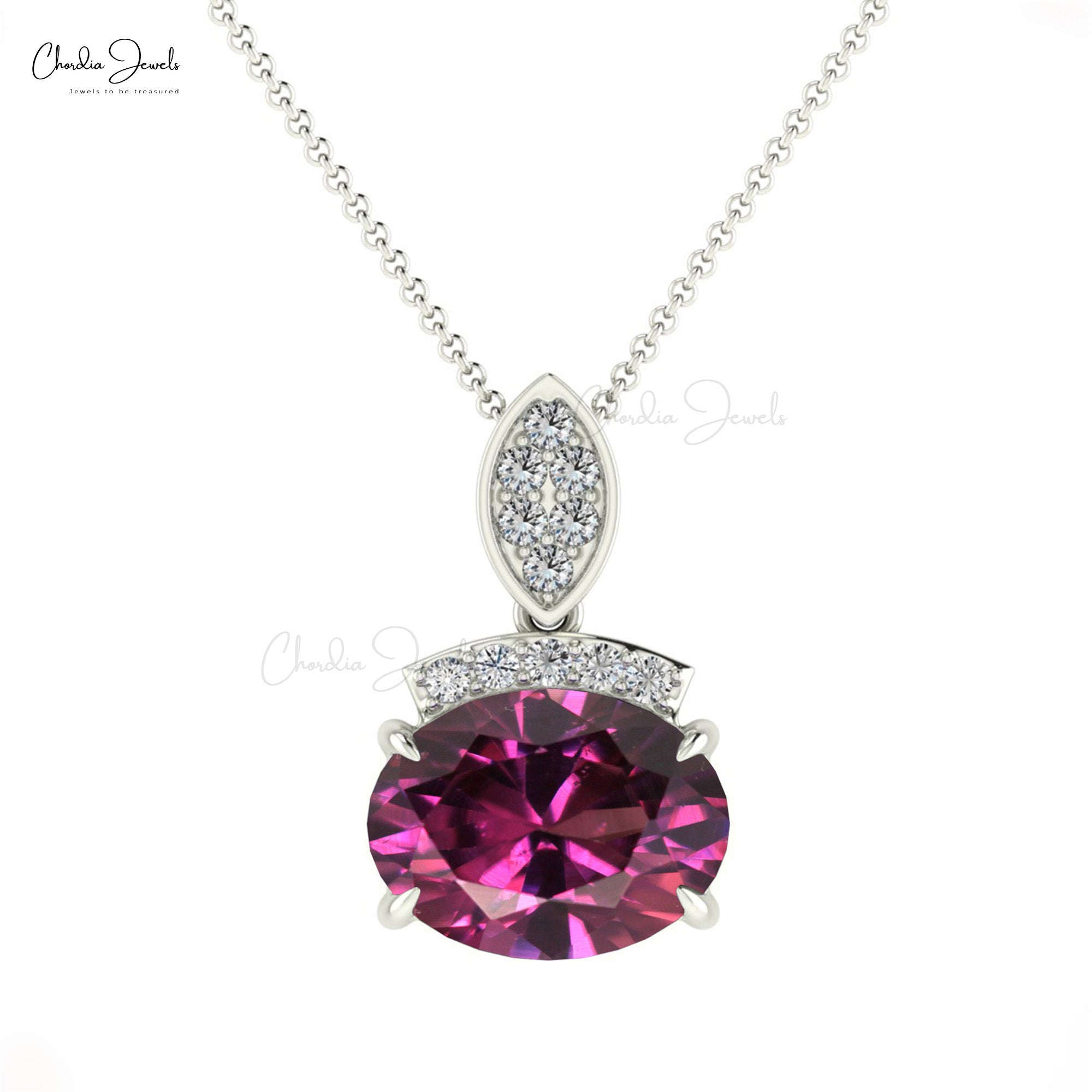 Elegant Oval Cut Rhodolite Garnet & Round Cut Diamond Dainty Pendant