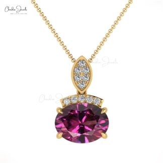 Elegant Oval Cut Rhodolite Garnet & Round Cut Diamond Dainty Pendant