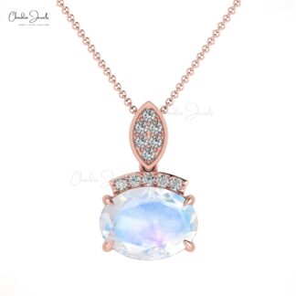 Genuine AAA Rainbow Moonstone & Round Diamond Dainty Pendant