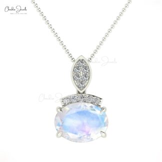 Genuine AAA Rainbow Moonstone & Round Diamond Dainty Pendant