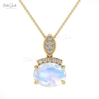Genuine AAA Rainbow Moonstone & Round Diamond Dainty Pendant