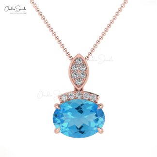 Dangle Wedding Pendant In 14k Pure Gold Swiss Blue Topaz And Pave Diamond Pendants