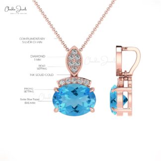 Dangle Wedding Pendant In 14k Pure Gold Swiss Blue Topaz And Pave Diamond Pendants