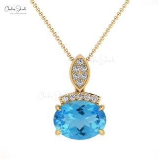 Dangle Wedding Pendant In 14k Pure Gold Swiss Blue Topaz And Pave Diamond Pendants