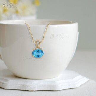 Dangle Wedding Pendant In 14k Pure Gold Swiss Blue Topaz And Pave Diamond Pendants