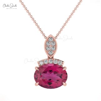 Dainty Diamond Pendant With 1.35 Ct Pink Tourmaline Prong Set In 14k Solid Gold Necklace