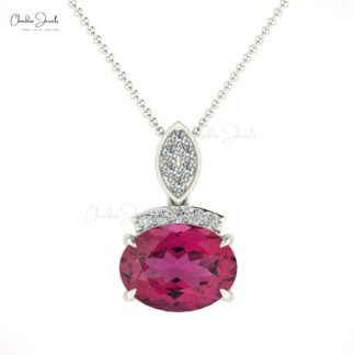 Dainty Diamond Pendant With 1.35 Ct Pink Tourmaline Prong Set In 14k Solid Gold Necklace
