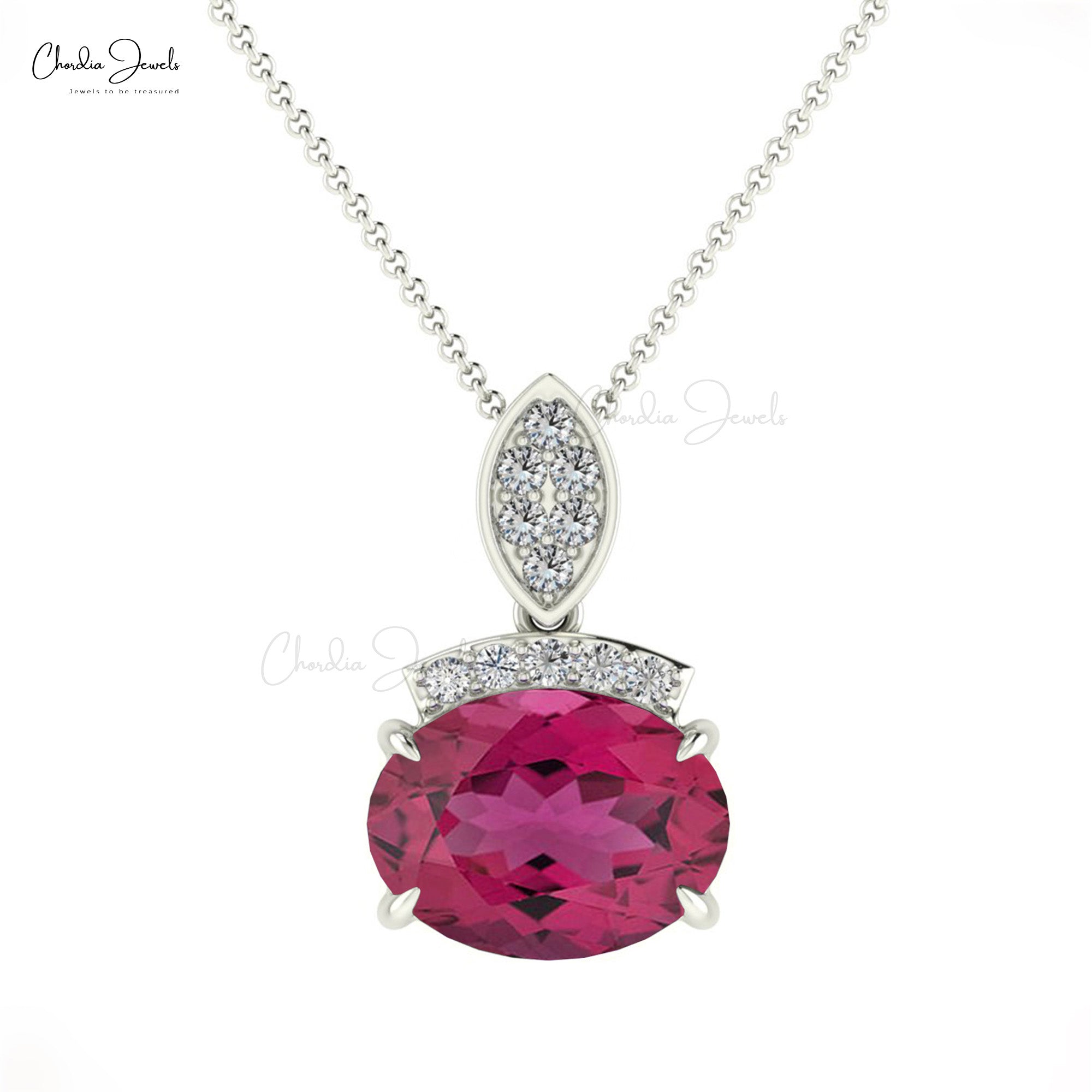Dainty Diamond Pendant With 1.35 Ct Pink Tourmaline Prong Set In 14k Solid Gold Necklace