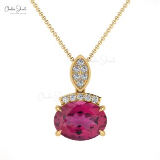 Dainty Diamond Pendant With 1.35 Ct Pink Tourmaline Prong Set In 14k Solid Gold Necklace