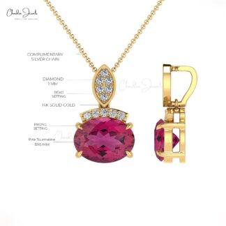 Dainty Diamond Pendant With 1.35 Ct Pink Tourmaline Prong Set In 14k Solid Gold Necklace