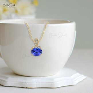 Cluster Diamond Pendant In 14k Solid Gold Tanzanite 8x6mm Gemstone Pendant For Mom