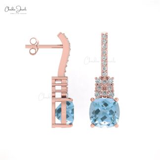 Classic Cushion Cut Aquamarine & Round Cut Diamond Studded Earring