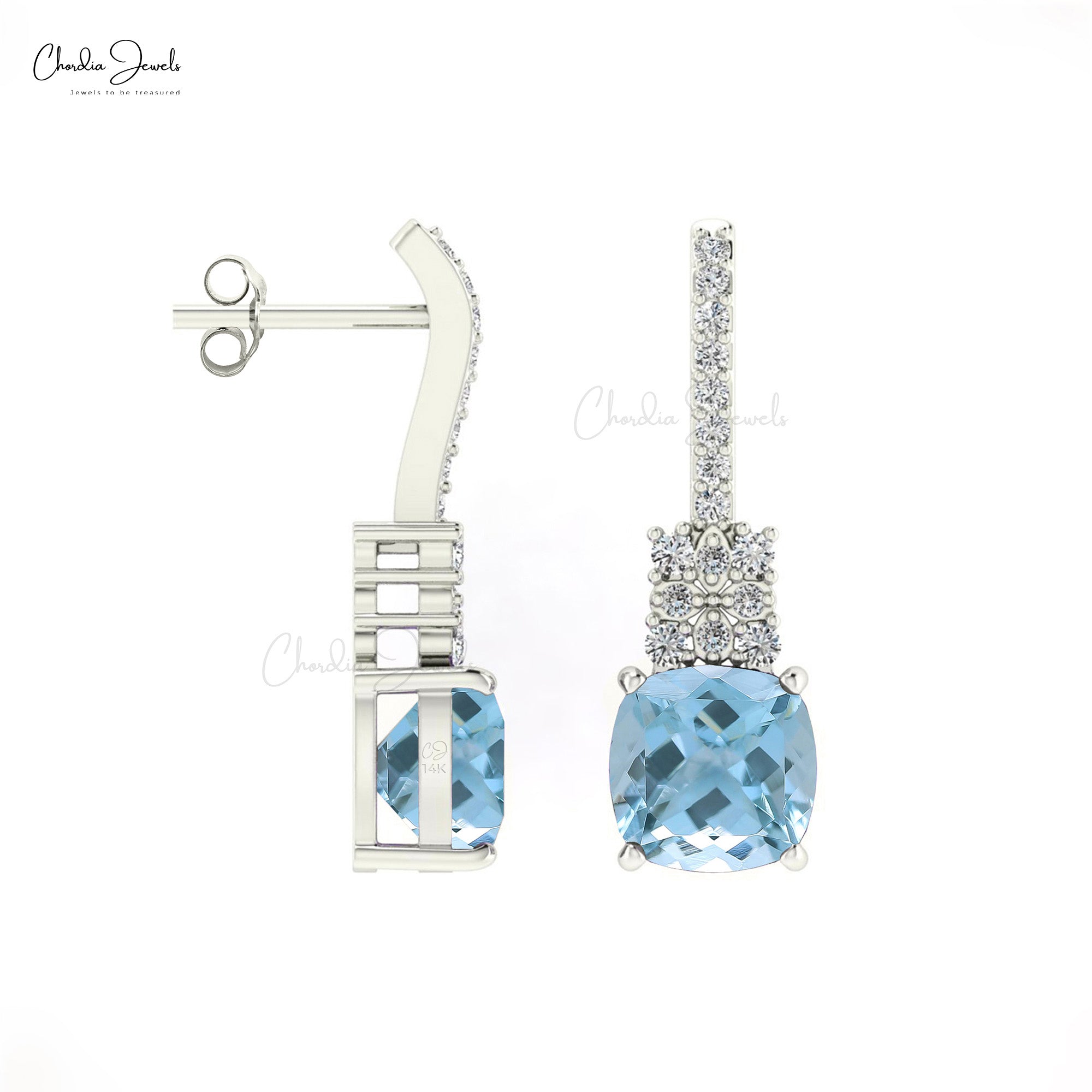 Classic Cushion Cut Aquamarine & Round Cut Diamond Studded Earring