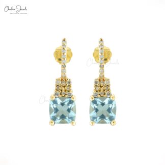 Gemstone Push Back Studs In 14k Yellow Gold Aquamarine Pave Diamond Earrings For Mom