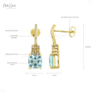 Gemstone Push Back Studs In 14k Yellow Gold Aquamarine Pave Diamond Earrings For Mom