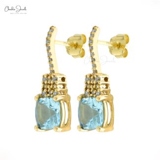 Gemstone Push Back Studs In 14k Yellow Gold Aquamarine Pave Diamond Earrings For Mom