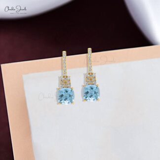 Classic Cushion Cut Aquamarine & Round Cut Diamond Studded Earring
