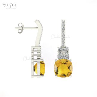 Cushion Citrine Prong Set Earrings With Pave Diamond Hallmarked Jewelry In 14k Pure Gold