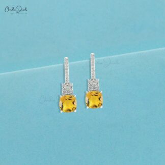 Cushion Citrine Prong Set Earrings With Pave Diamond Hallmarked Jewelry In 14k Pure Gold