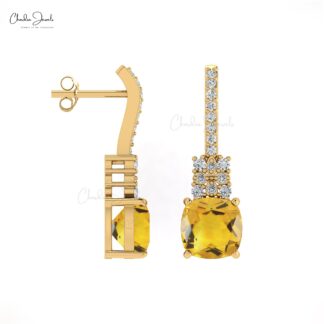 Cushion Citrine Prong Set Earrings With Pave Diamond Hallmarked Jewelry In 14k Pure Gold